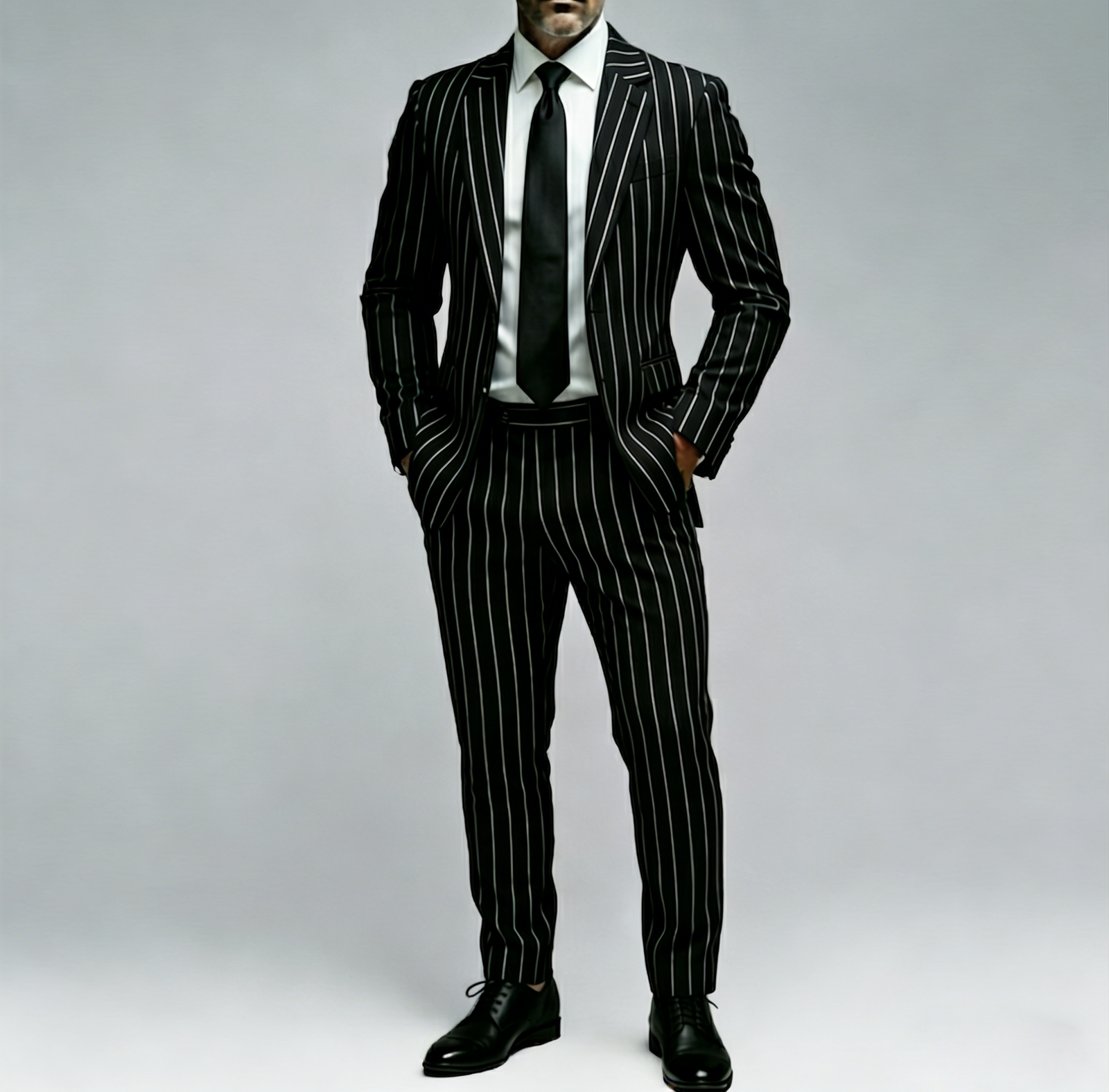 Okaywear Pinstripe Print Notch Lapel Slim Fit Blazer With Tapered Pants Business Black Suit