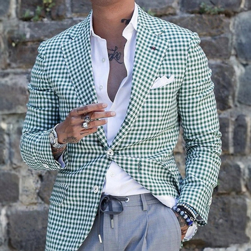 Gingham Check Print Notch Lapel Two Button Slim Fit Green And White Blazer