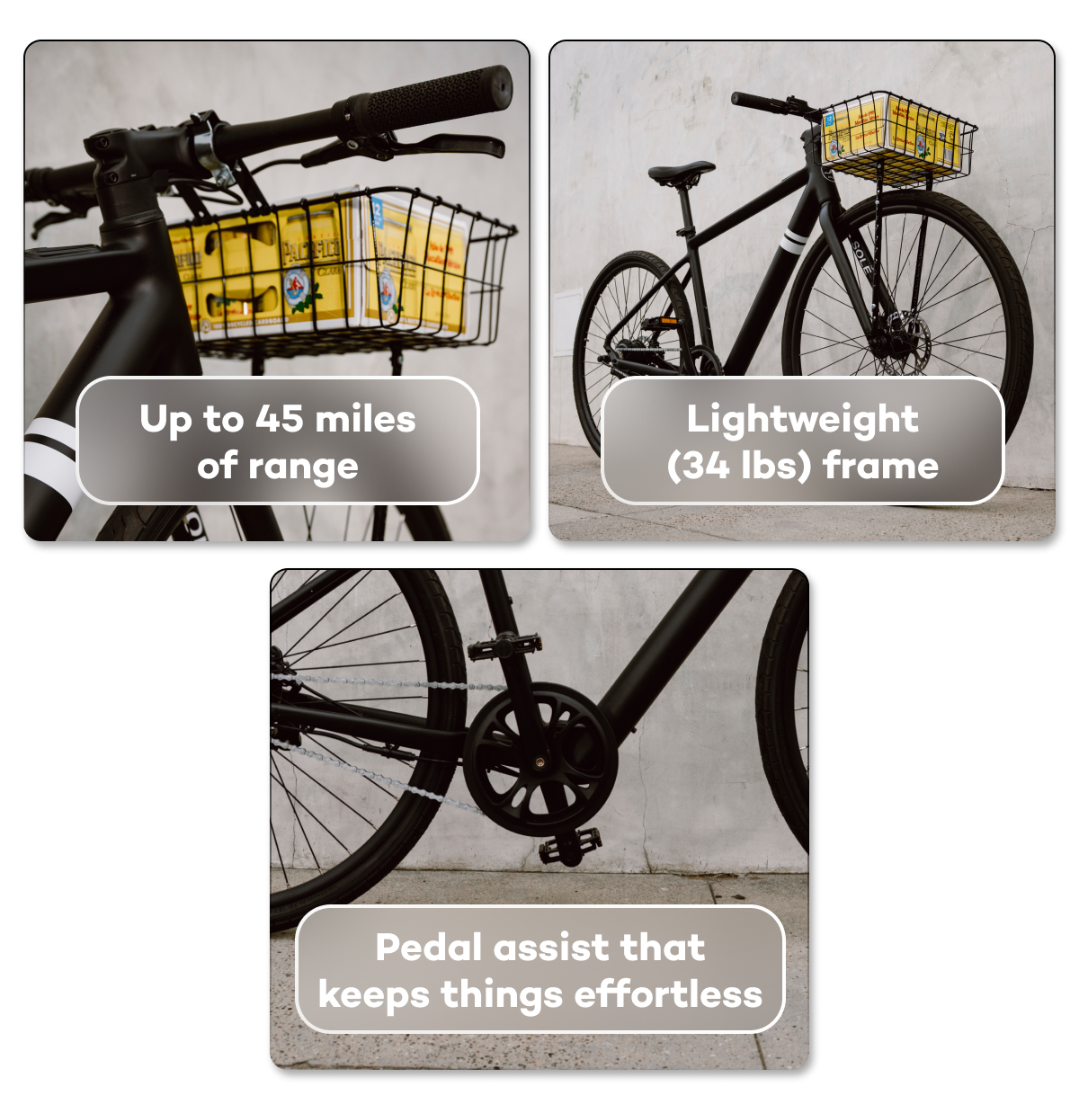 Bike features: 45 miles range, lightweight frame, pedal assist for effortless riding.