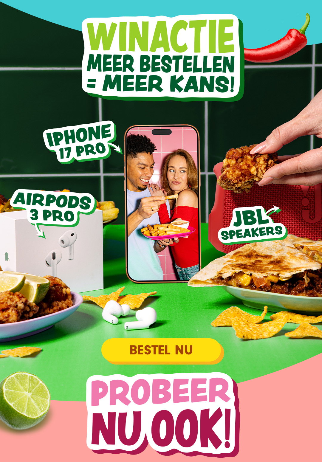 Bestel en maak kans op een iphone 17 Pro, JBL Speaker of Airpods 3 Pro 