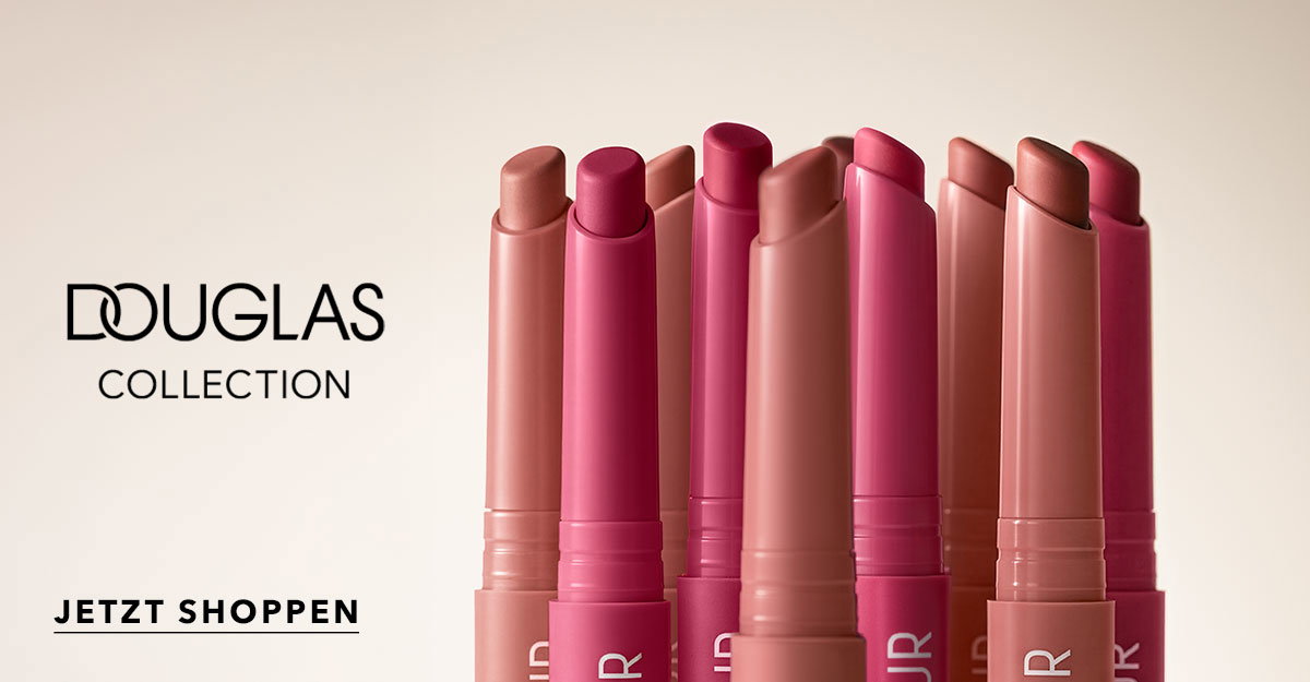 Eine Nahaufnahme der Douglas Kollektion Lippenstifte in verschiedenen Rosa- und Nudetönen, die zum Shoppen einladen.