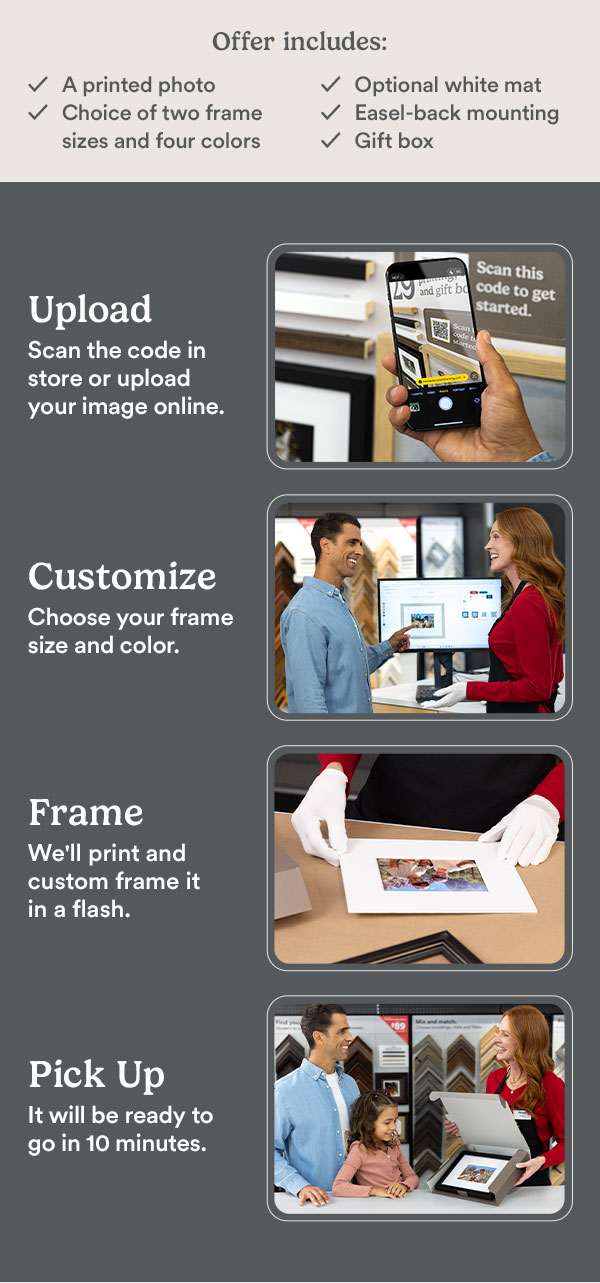 Offer includes: A printed photo. Choice of two frame sizes and colors. Optional white mat. Easel-back mounting. Gift box. Upload Scan the code in store or upload your image online. Custommize Choose your frame size and color. Frame We'll print and custom frame it in a flash. Pick Up It will be ready to go in 10 minutes.
