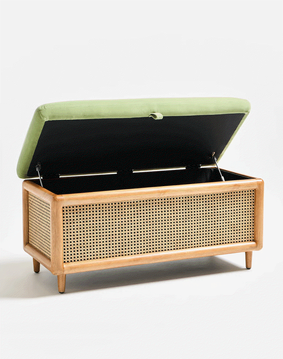Loha Light Green Velvet & Rattan Ottoman