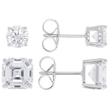 Asscher Cut White Cubic Zirconia Rhodium Plated Earrings Set of 2 4.25ctw