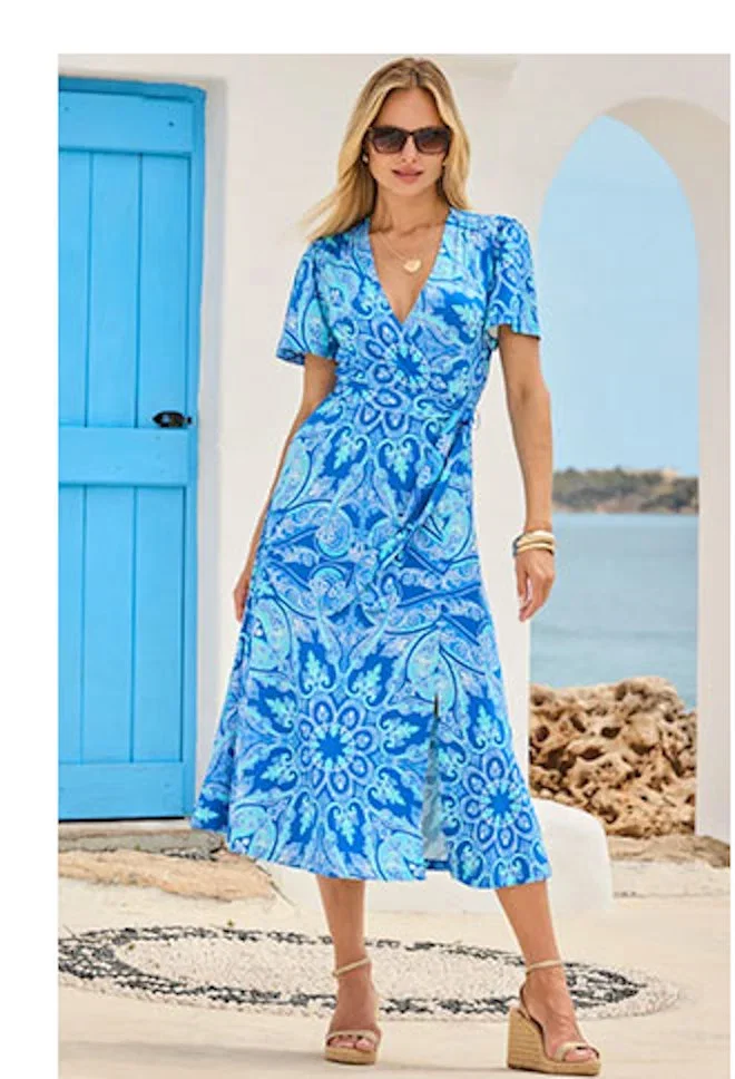 Blue Paisley Print Flutter Sleeve Wrap Dress