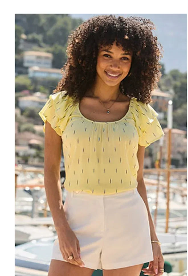 Yellow & Silver Metallic Fleck Print Ruffle Sleeve Top