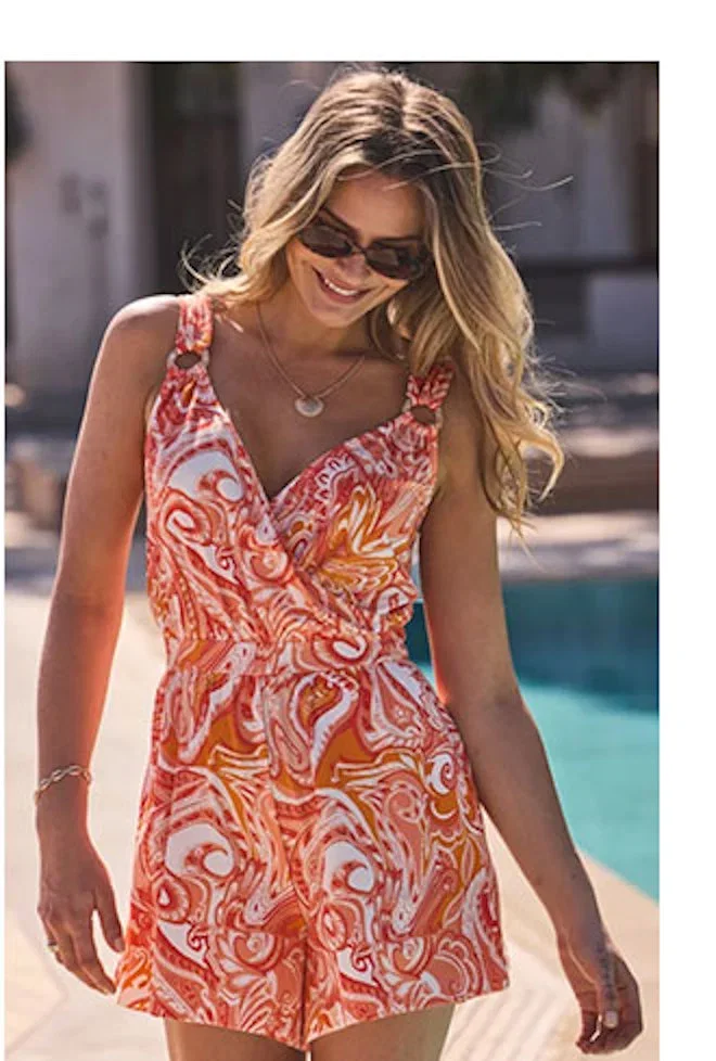 Orange Abstract Print Hoop Trim Wrap Playsuit