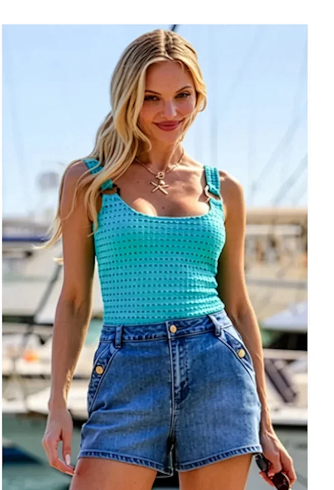 Mid Blue Denim Shorts With Gold Button Detail