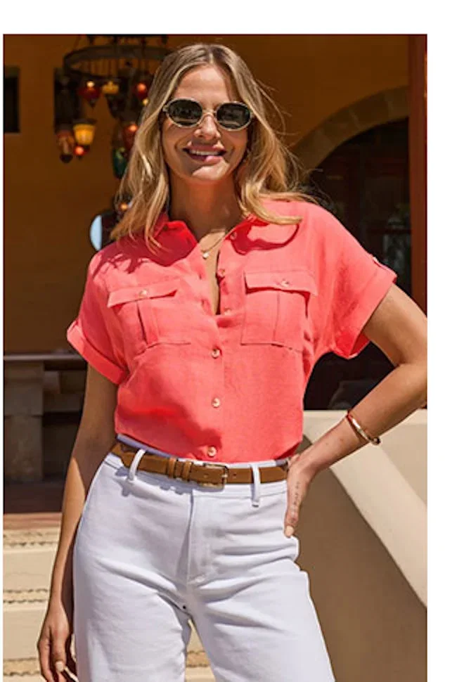Coral Linen Blend Utility Shirt