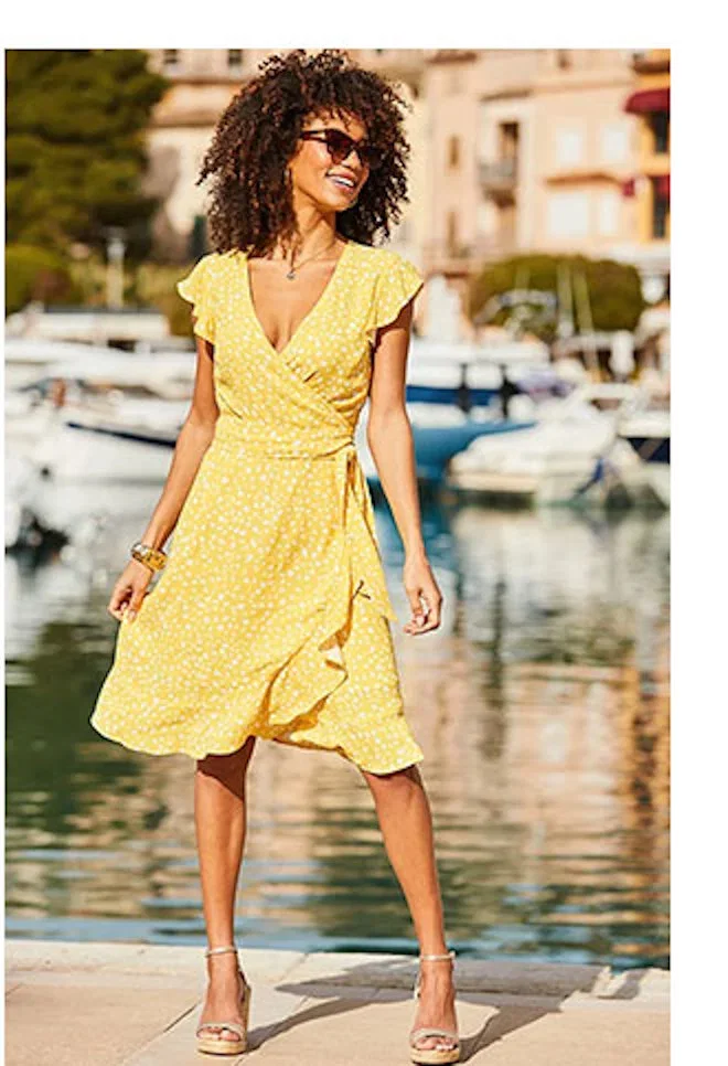 Sunshine Yellow & White Fleck Print Wrap Dress
