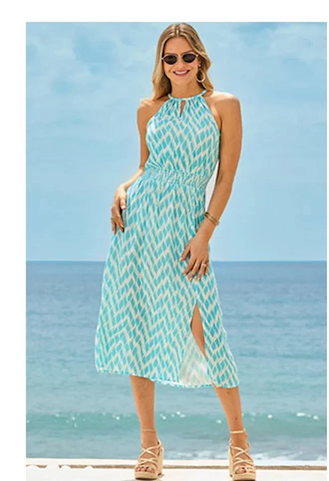 Blue & White Geometric Print Halter Neck Dress