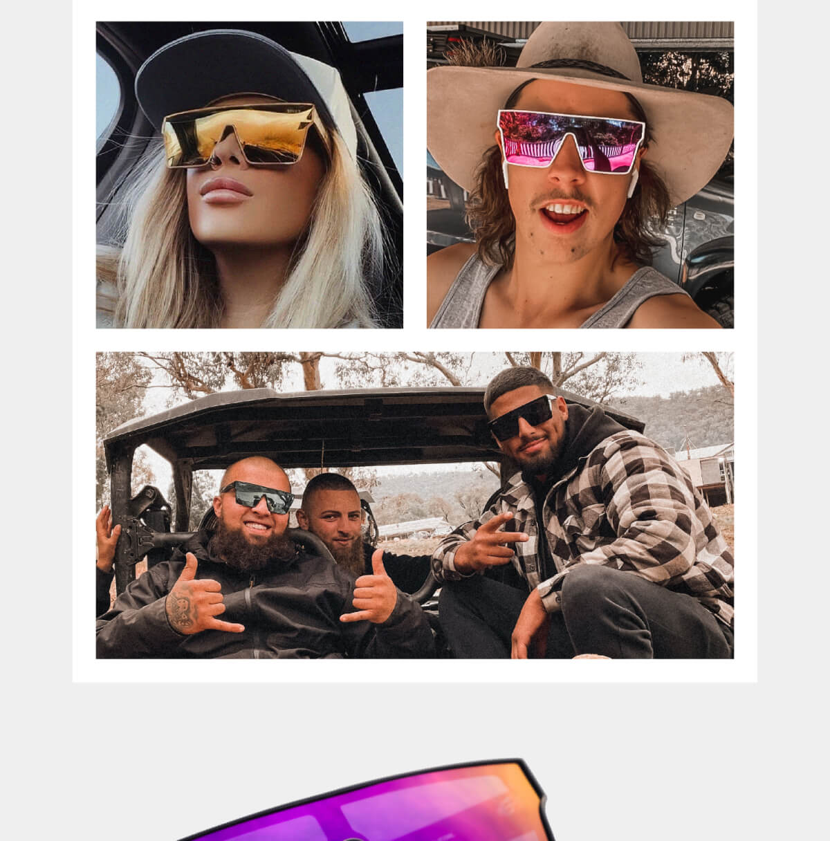 Three photos showing people wearing colorful reflective sunglasses in various outdoor settings