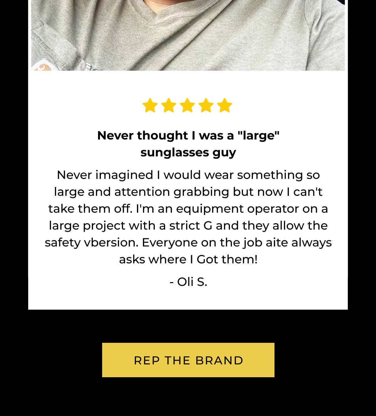Five star customer review from Oli S. praising large sunglasses with safety features at work