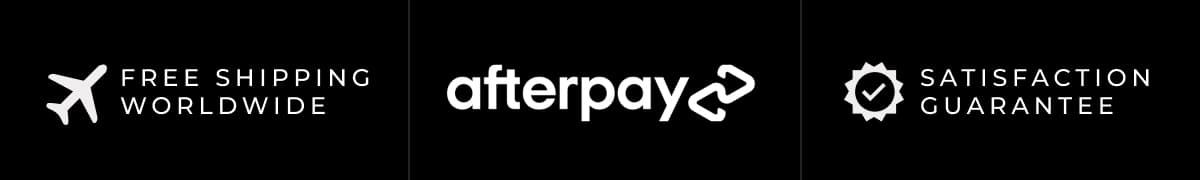 Black banner with three white icons and text: airplane icon labeled "Complimentary Shipping Worldwide," payment icon labeled "Afterpay," and badge icon.