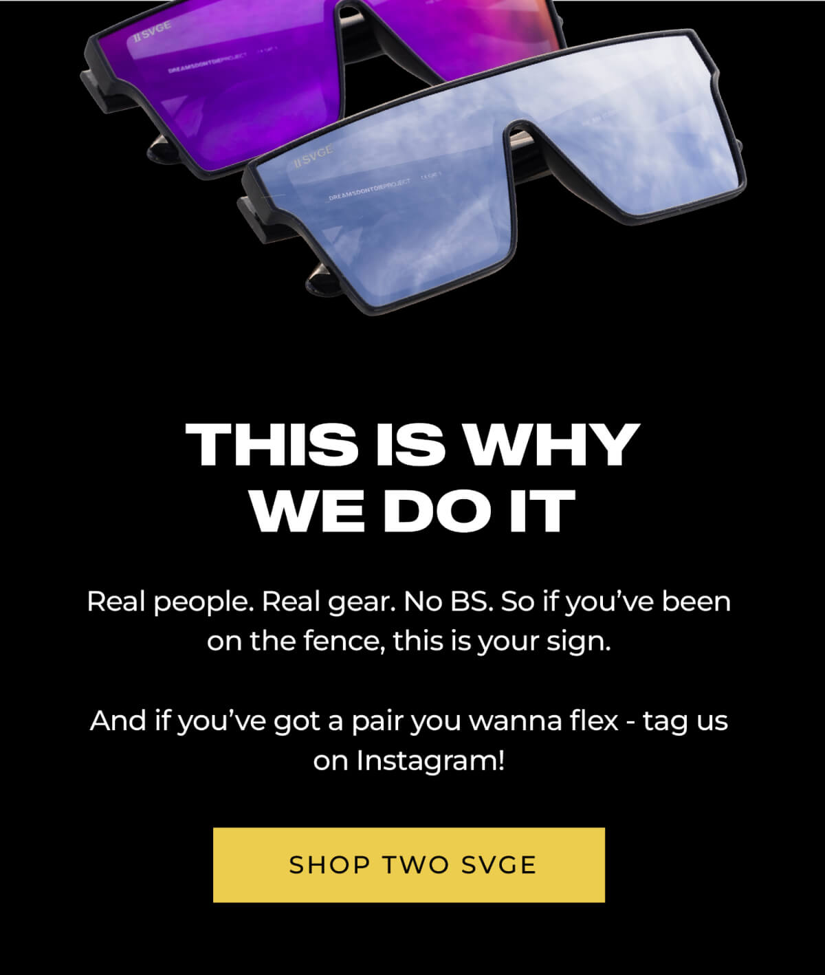Two pairs of sunglasses with purple and blue mirrored lenses displayed on black background