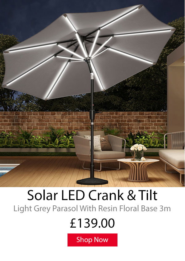 Solar LED Crank & Tilt Light Grey Parasol With Resin Floral Base 3m
