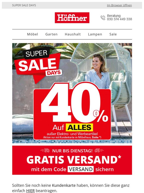 👏 40%* auf ALLES – nur mit Kundenkarte im Höffner Möbelhaus | Gratis-Versand* bis 26. Mai