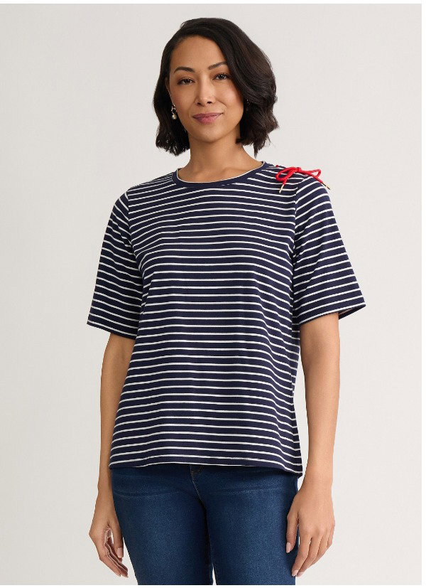 Striped Tie-Shoulder Tee, Cotton