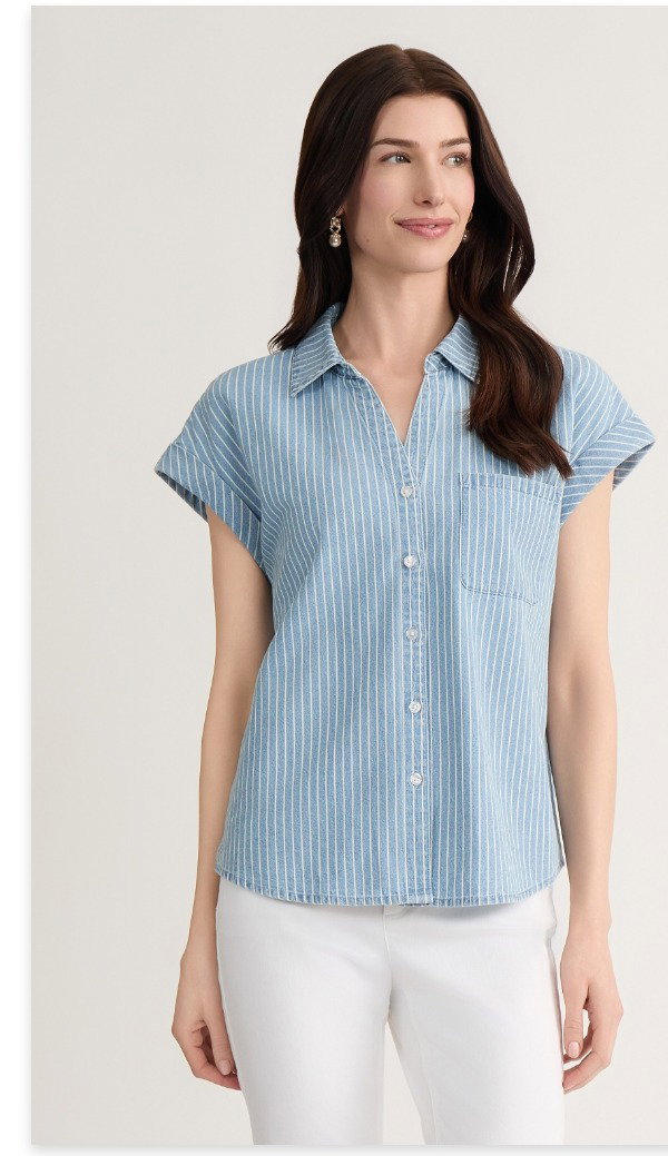 Short Sleeve Button Front Shirt, Chambray