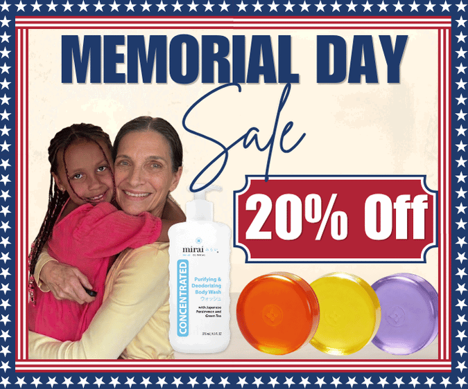 A mother and daughter are hugging. There is a bottle of body wash and three soaps on the right side of the image. The text "MEMORIAL DAY Sale 20% Off" is displayed prominently. (landscape)