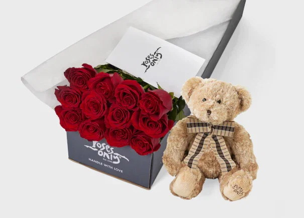 Image of Red Roses Gift Box 12 & Teddy Bear (ROA26-012)