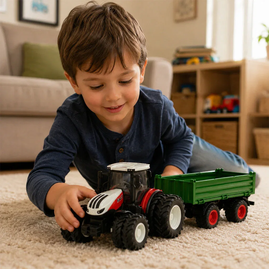 Young boy playing with toy tractor and green trailer on carpet in living room