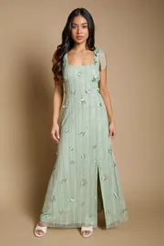 Petite 3D Floral Linear Beadwork Tie Shoulder Dress