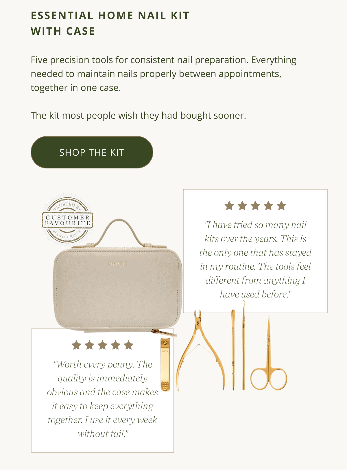 Essential Home Nail Kit with Case | Five precision tools for consistent nail preparation. Everything needed to maintain nails properly between appointments, together in one case.  The kit most people wish they had bought sooner. [ SHOP THE KIT ]