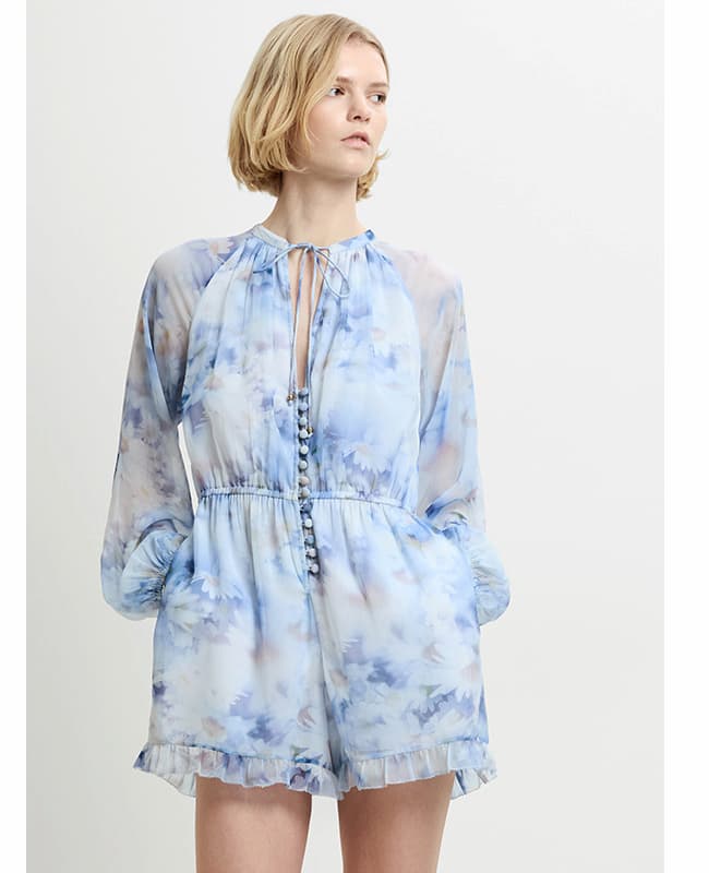 Daisy Chiffon Faux Button Blue Floral Playsuit
