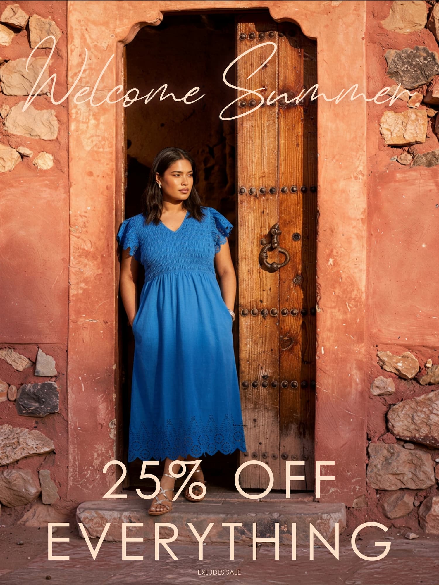 Blue Shirred Broderie Cotton Midi Dress
