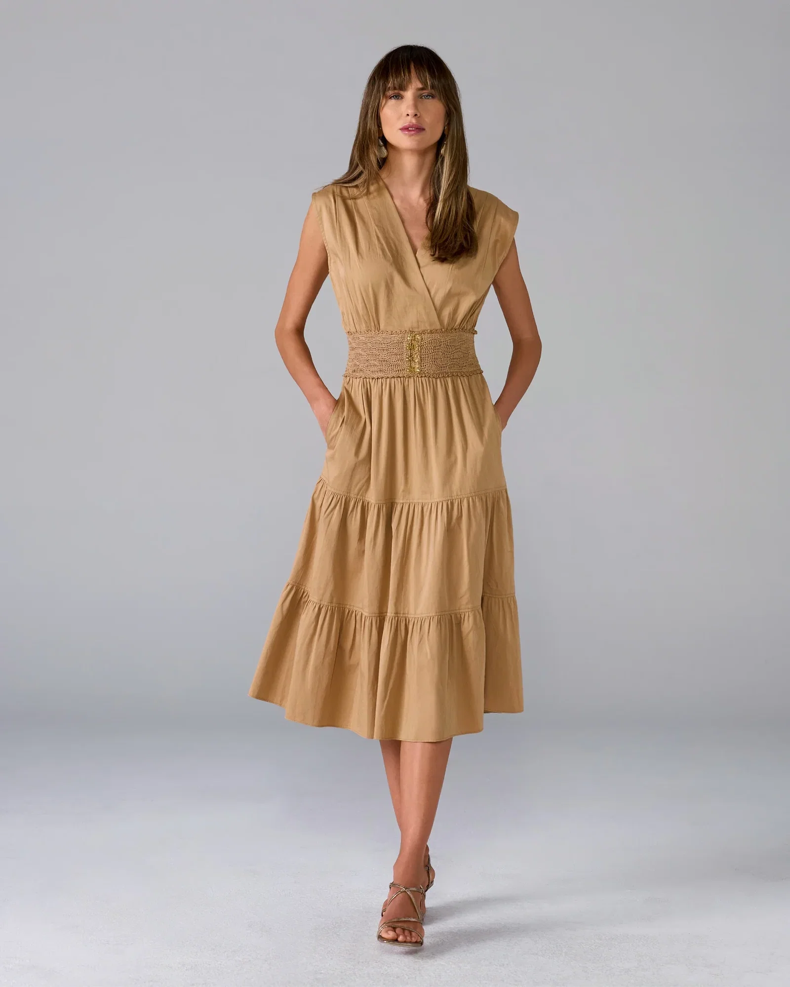Image of Crochet Trim Poplin Tiered Midi Dress Iced Coffee