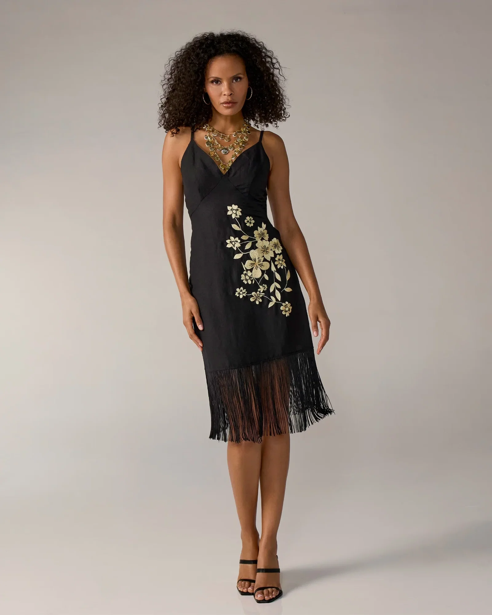 Image of Embroidered Fringe Midi Dress Black/Gold