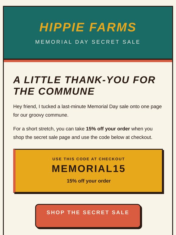 Secret Memorial Day sale: 15% off