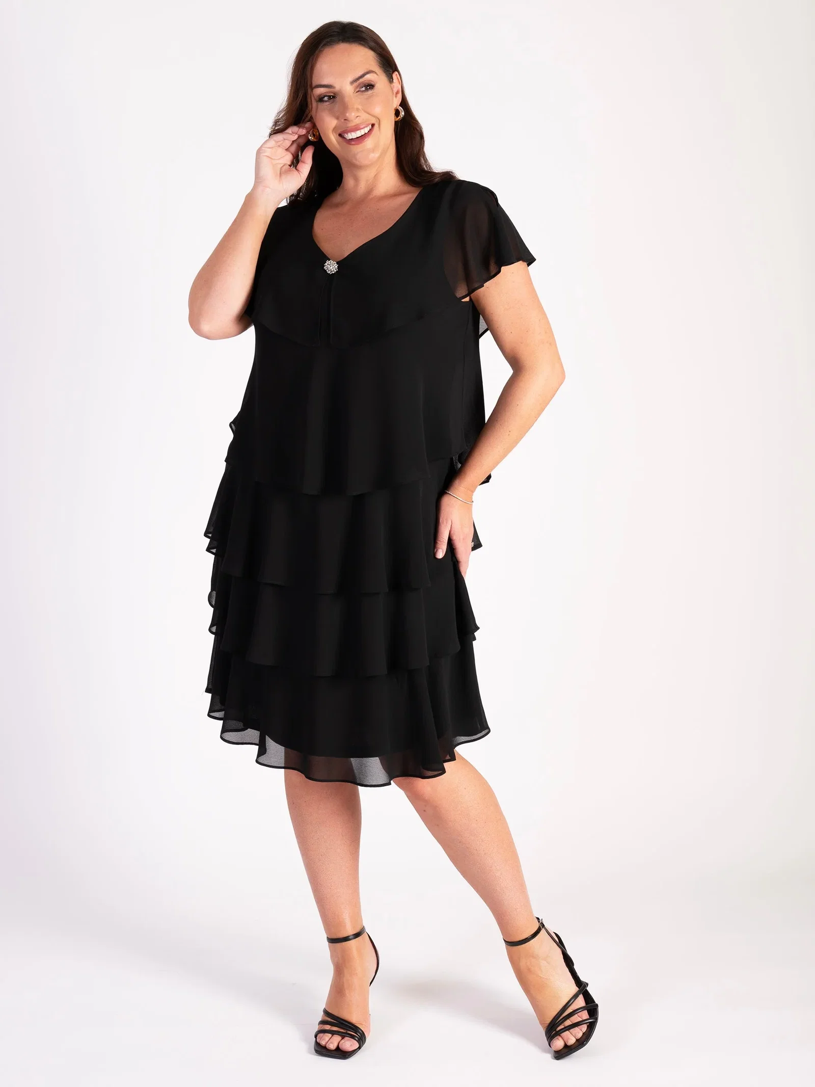 Image of Black Chiffon Multi Tiered Dress With Diamante Detail