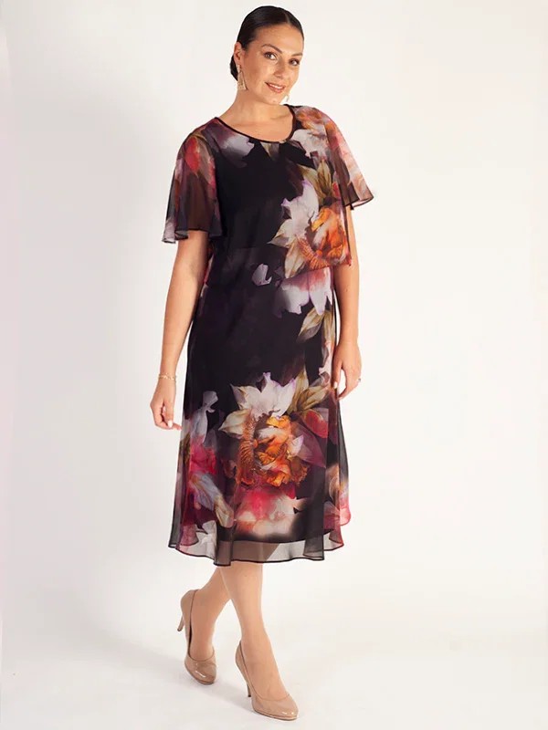 Image of Red Orchid/Multi Floral Print Double Layer Chiffon Dress with Angel Sleeves