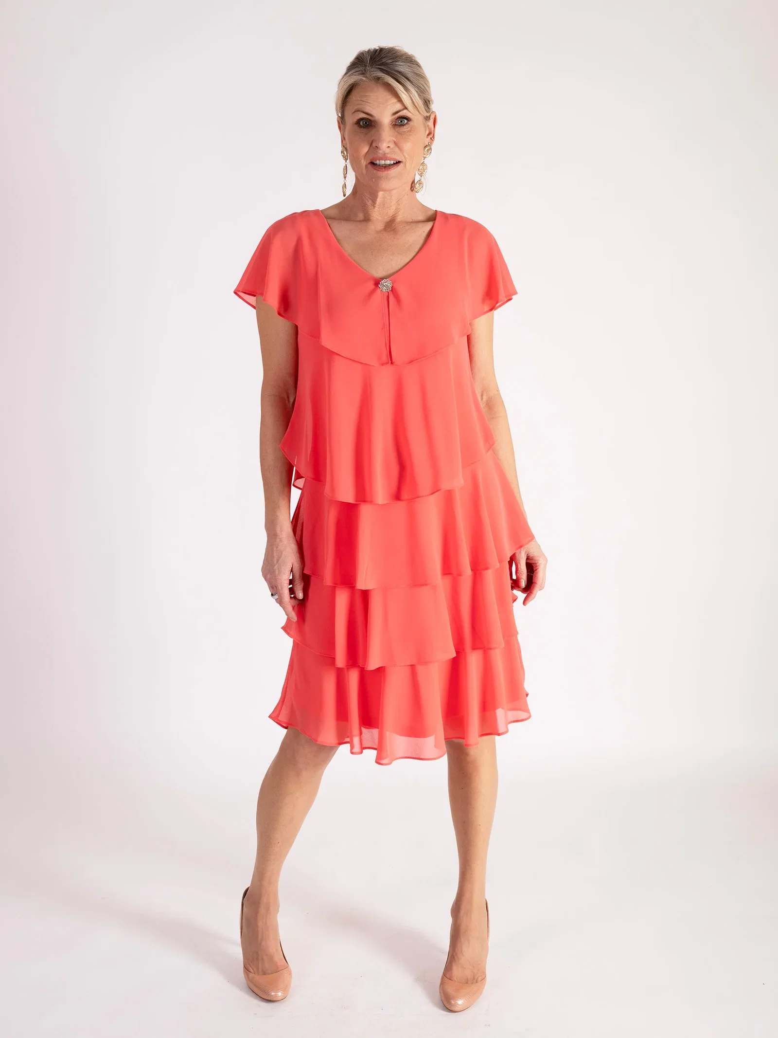Image of Coral  Chiffon Multi Tiered Dress With Diamante Detail