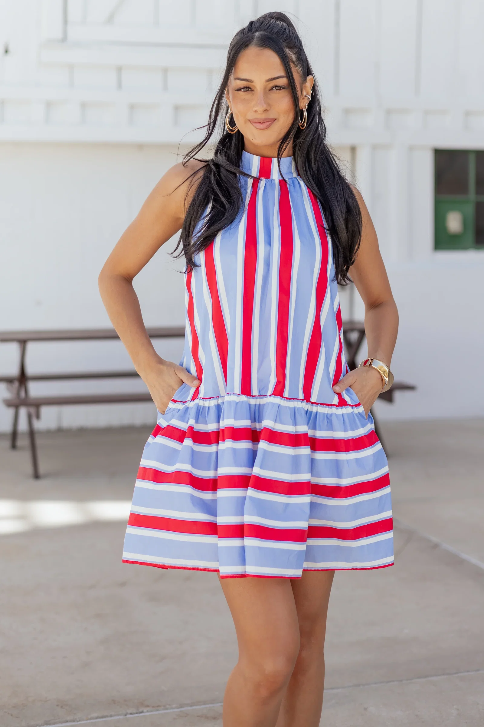 Image of Entro Powder Blue Cotton Striped Mini Dress