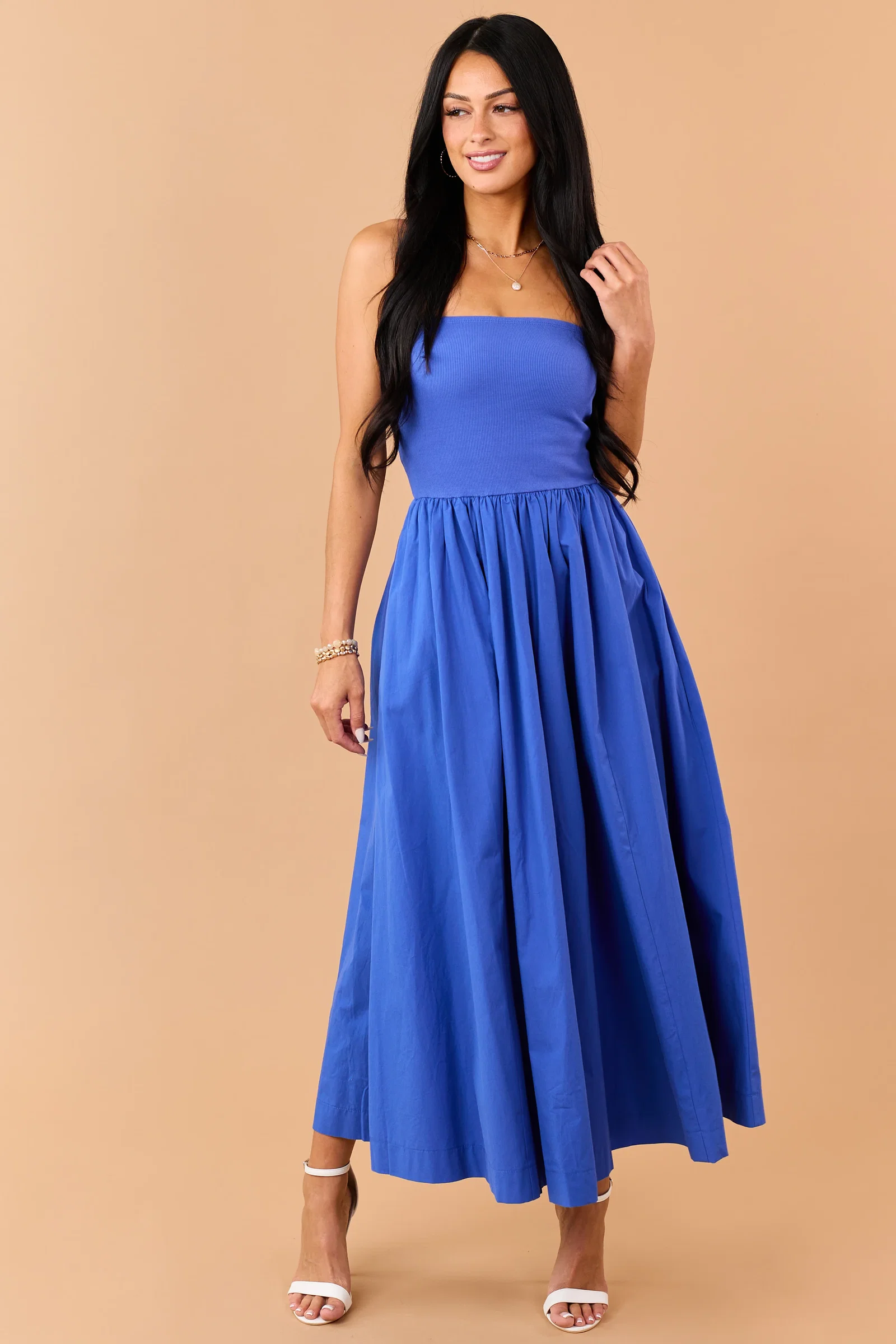 Image of Cobalt Strapless Knit Contrast Cotton Maxi Dress