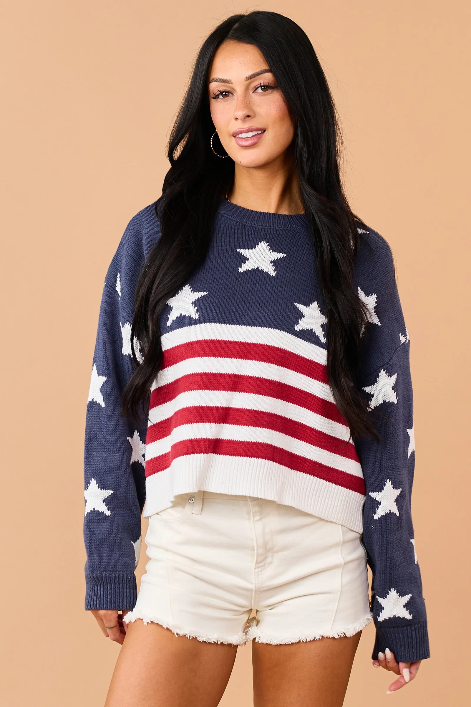 Image of Navy Rib Knit American Flag Long Sleeve Sweater