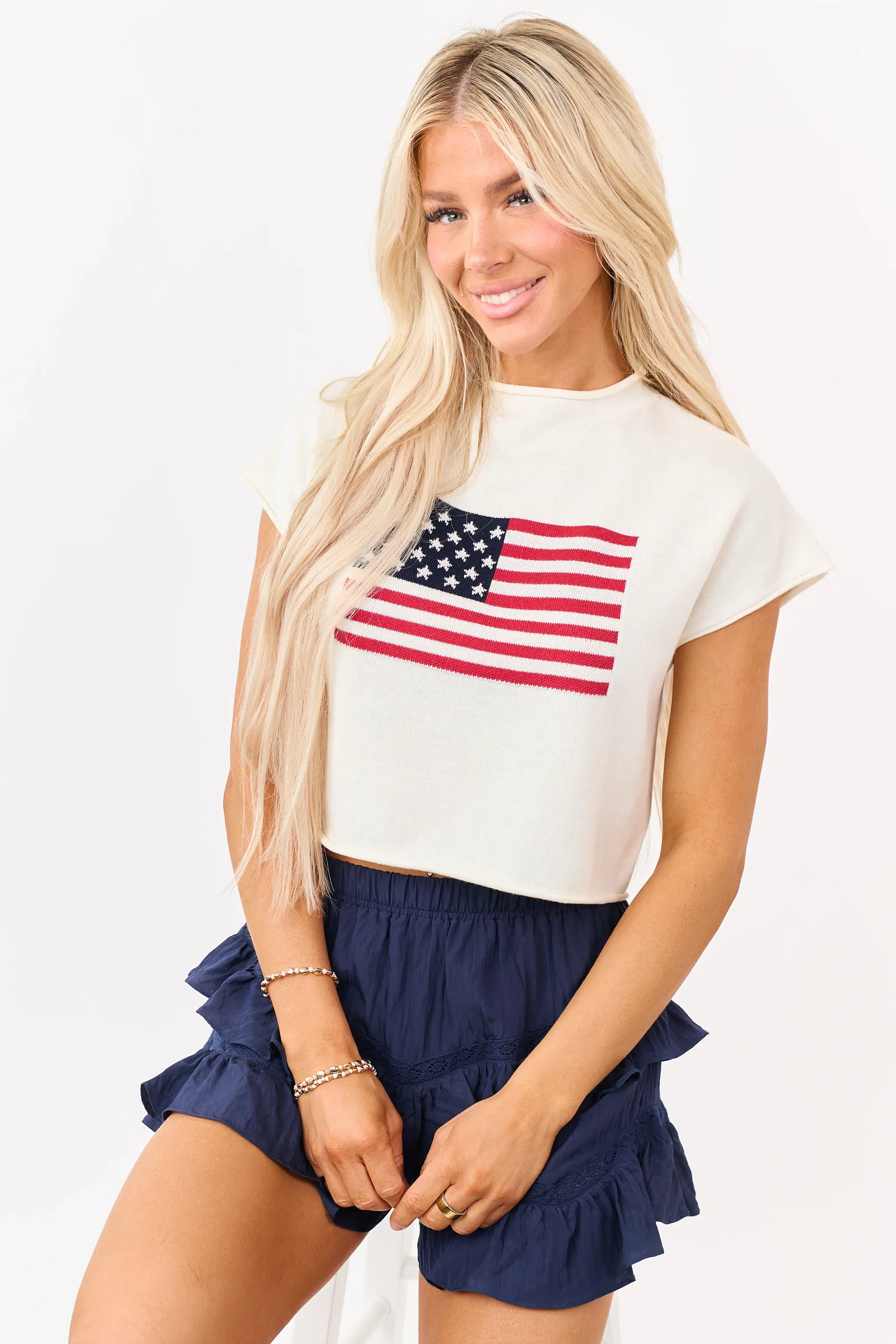 Image of Cream American Flag Graphic Short Sleeve Top