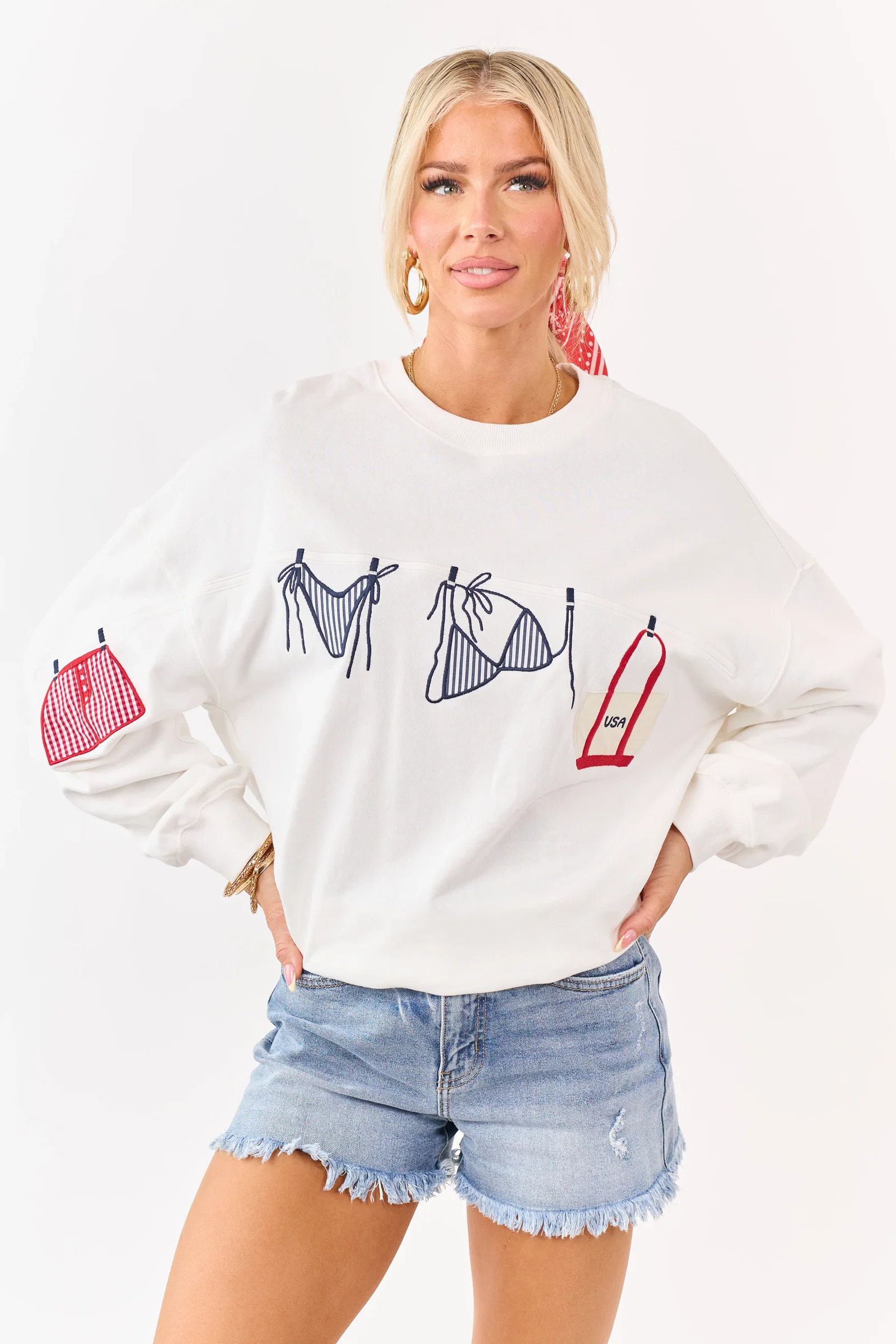Image of White Embroidered Swim Suit Graphic Cotton Sweatshirt