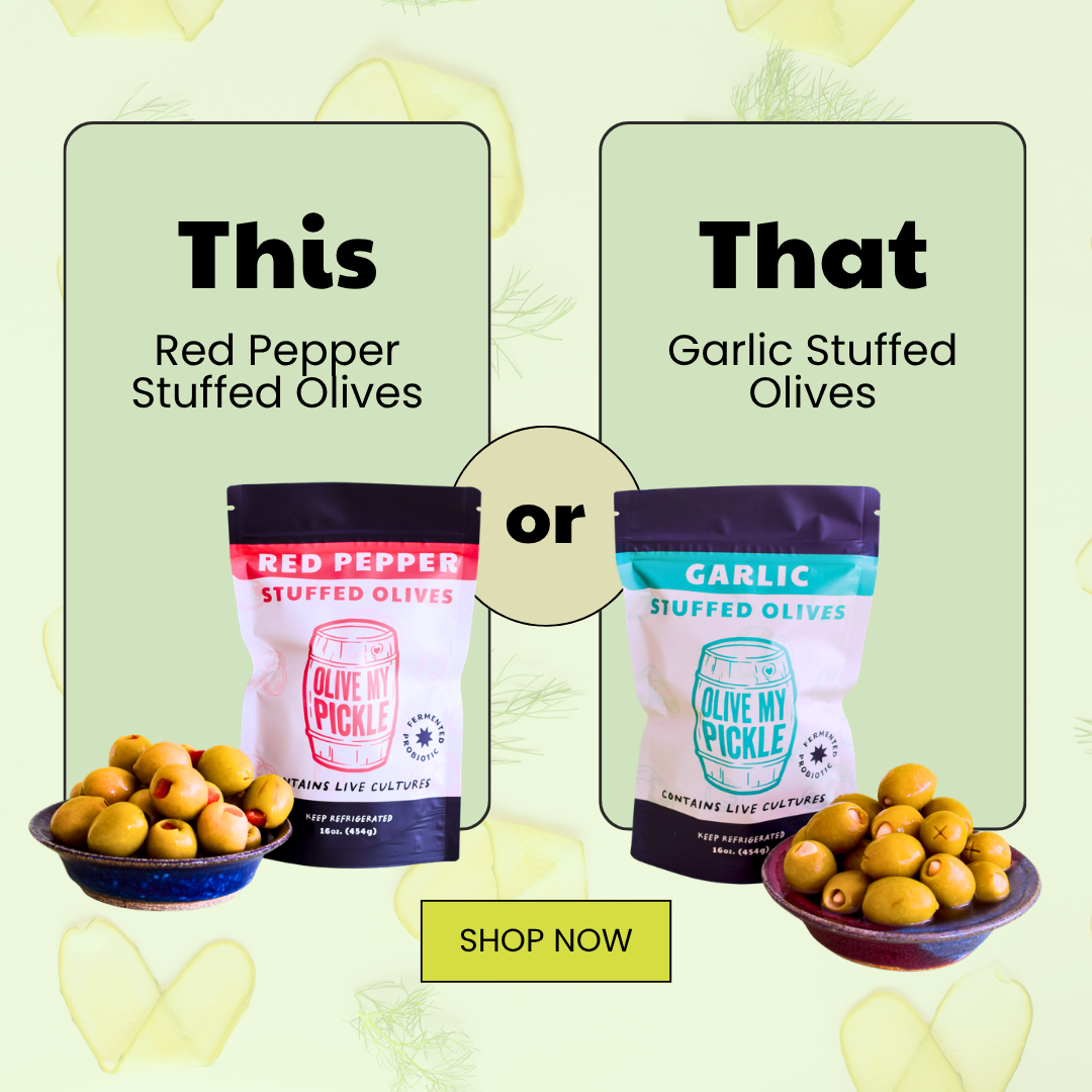 Two pouches and bowls of olives: one red pepper stuffed and one garlic stuffed, side by side for comparison. A 'Shop Now' button is at the bottom.