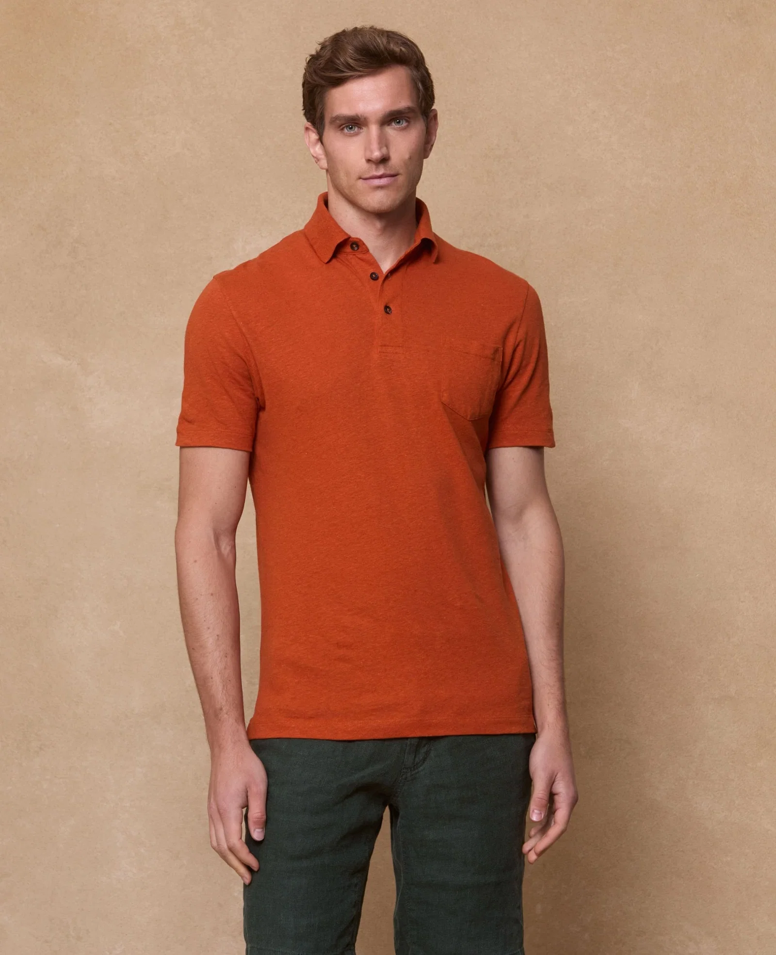 Image of Nevan Cotton/Linen Polo Shirt - Rust