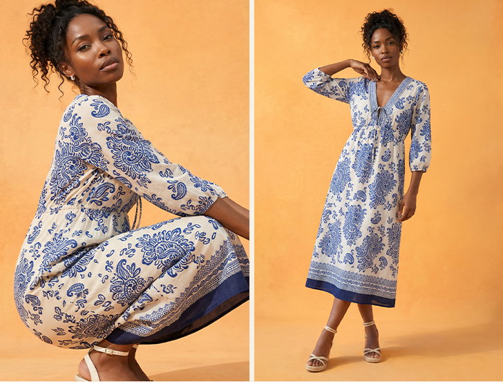 Navy Border Print V-Neck Midi Dress