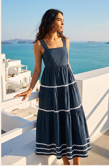 Navy Ric Rac Tiered Midi Dress