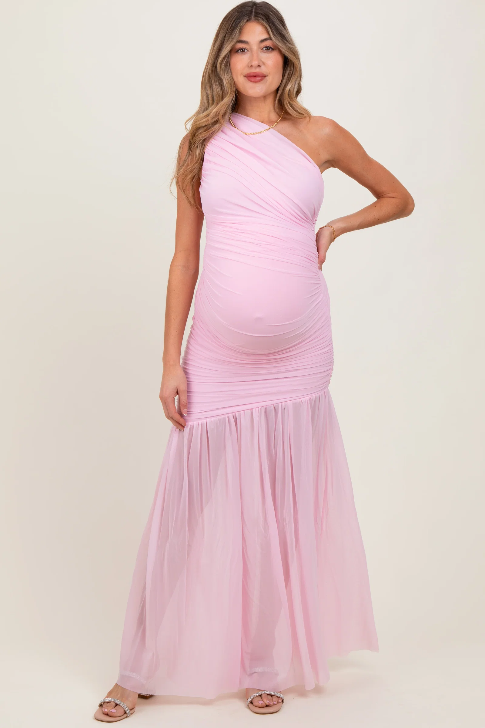 Image of Light Pink Ruched Mesh One Shoulder Maternity Maxi Dress