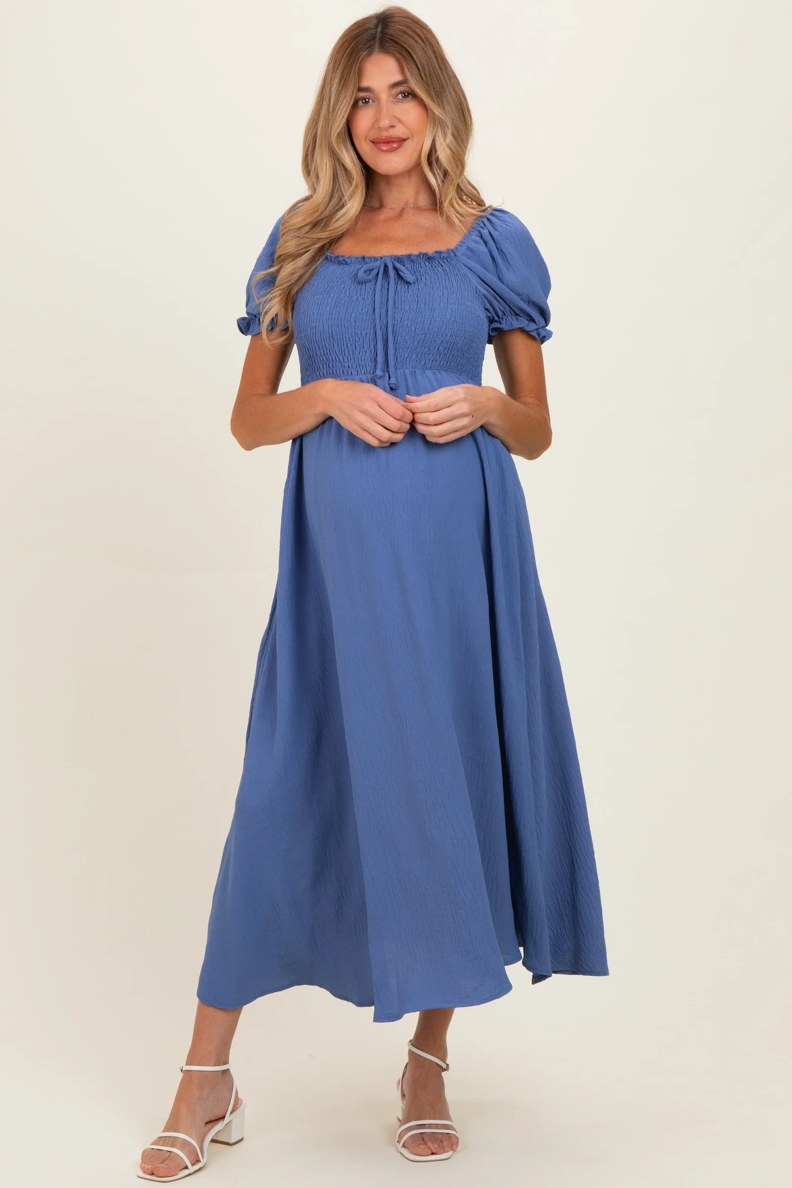 Image of Blue Square Neck Puff Sleeve Maternity Midi Dress