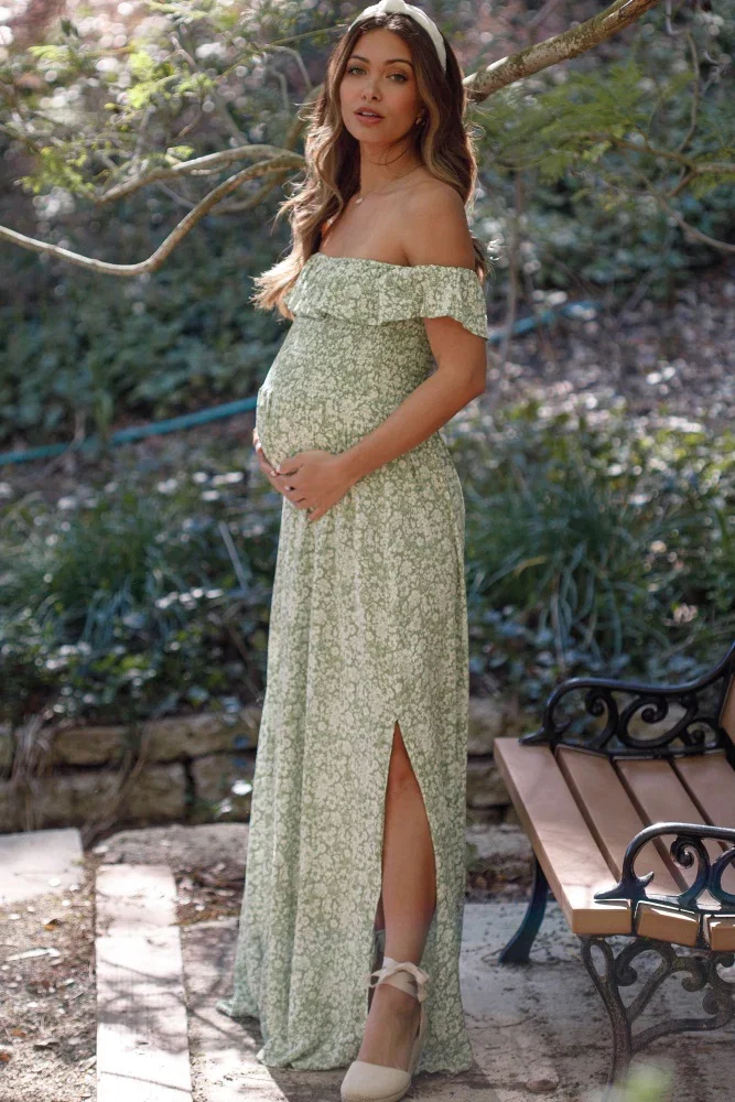 Image of Green Floral Ruffle Off Shoulder Maternity Maxi Dress