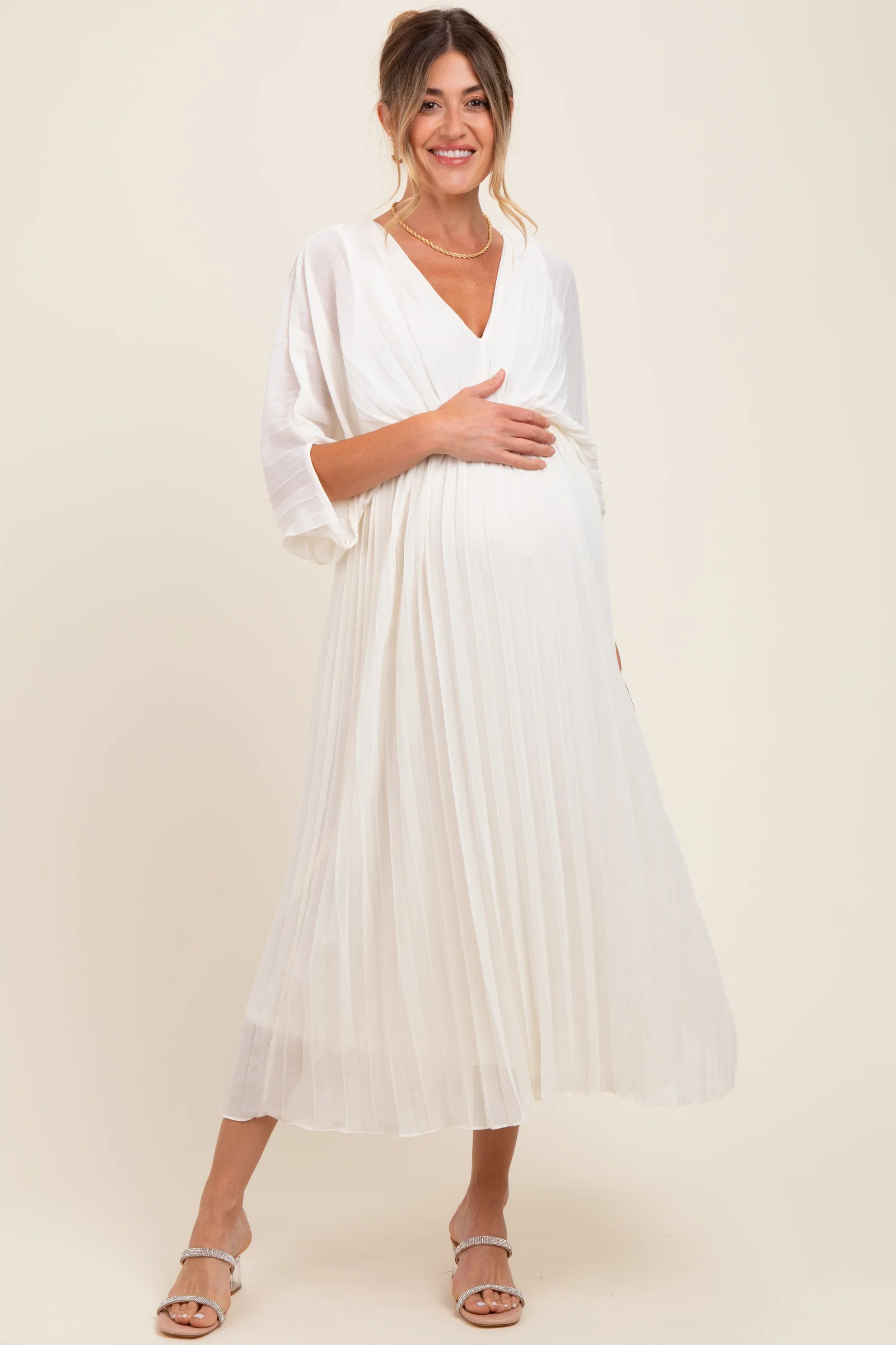 Image of Cream Pleated V Neck Maternity Maxi Dress