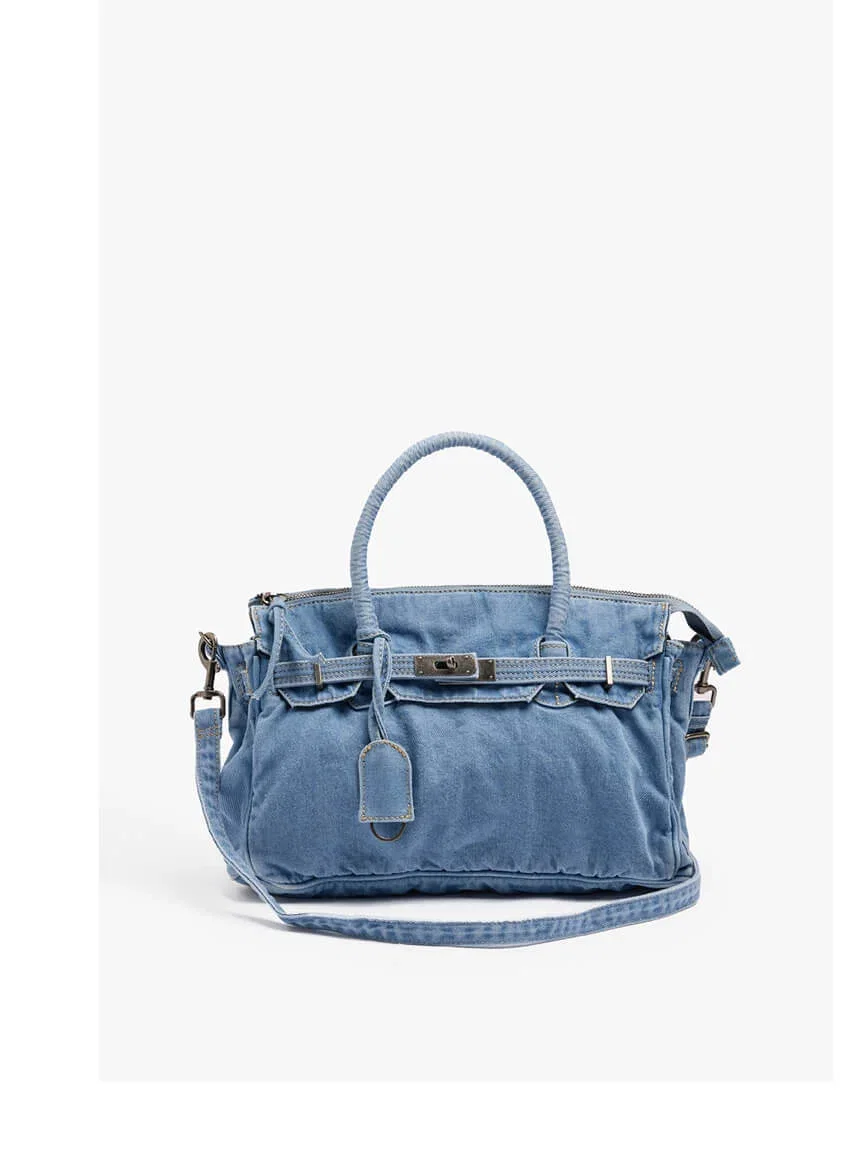 Tote denim bag with crossbody bag